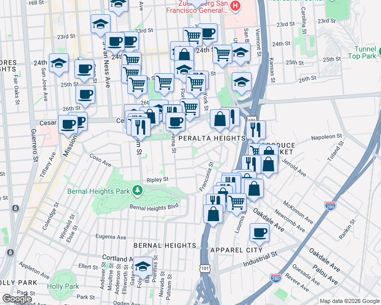 map of restaurants, bars, coffee shops, grocery stores, and more near 250 Peralta Avenue in San Francisco