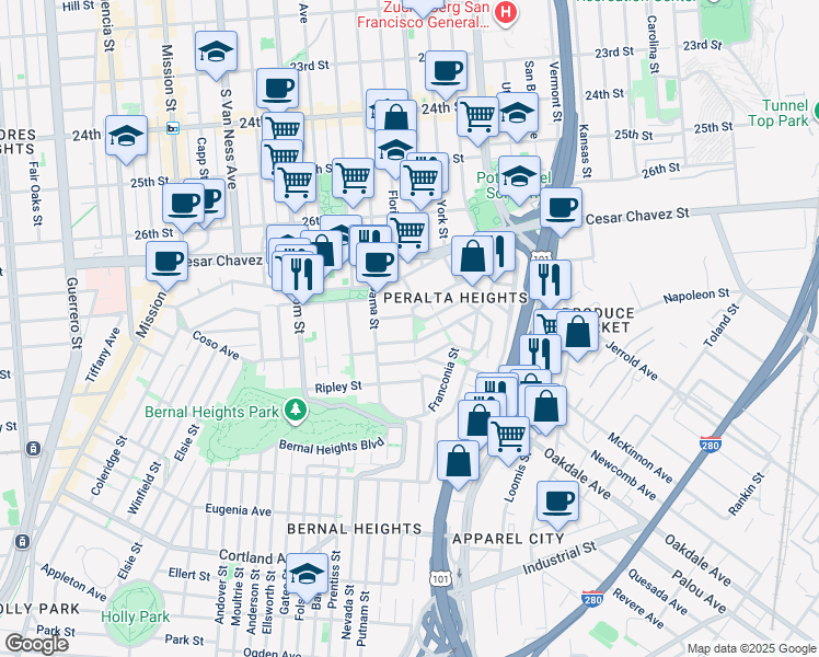 map of restaurants, bars, coffee shops, grocery stores, and more near 250 Peralta Avenue in San Francisco