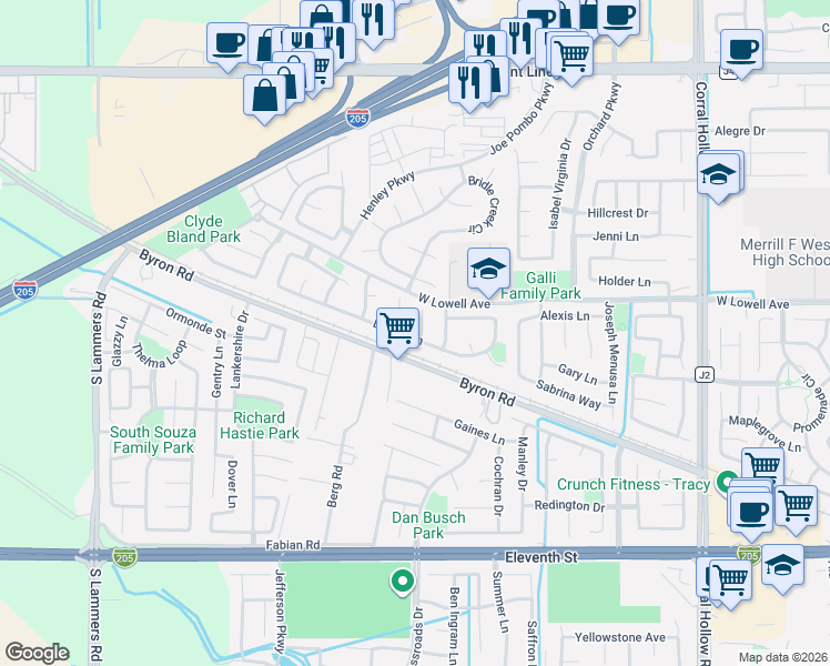 map of restaurants, bars, coffee shops, grocery stores, and more near 1647 Green Springs Court in Tracy