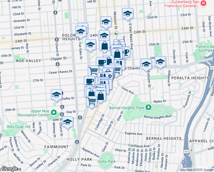 map of restaurants, bars, coffee shops, grocery stores, and more near 3181 Mission Street in San Francisco