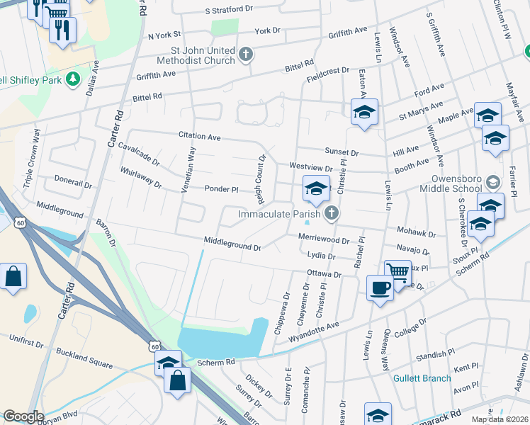 map of restaurants, bars, coffee shops, grocery stores, and more near 2224 Twenty Grand Avenue in Owensboro
