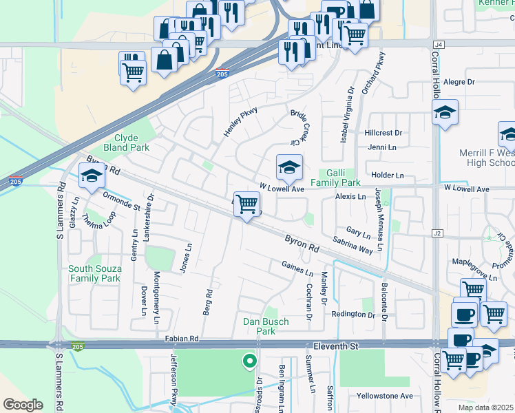 map of restaurants, bars, coffee shops, grocery stores, and more near 1647 Green Springs Court in Tracy