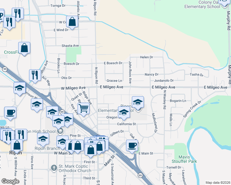 map of restaurants, bars, coffee shops, grocery stores, and more near 232 Milgeo Avenue in Ripon