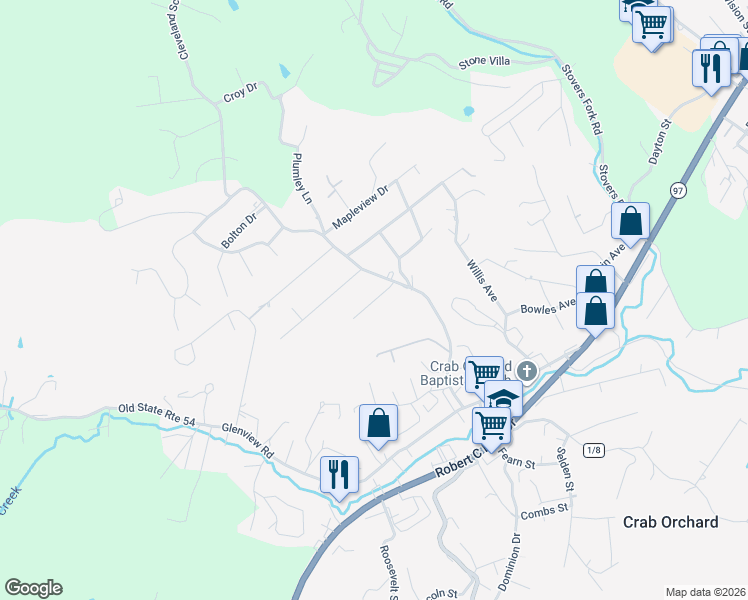 map of restaurants, bars, coffee shops, grocery stores, and more near 122 Sutphin Street in Beckley