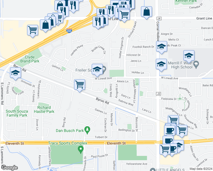 map of restaurants, bars, coffee shops, grocery stores, and more near 2442 Dorset Lane in Tracy