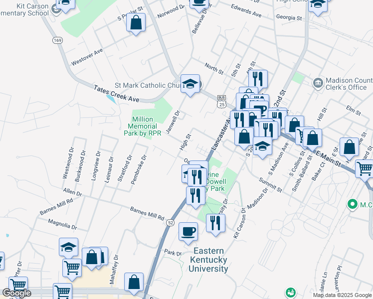 map of restaurants, bars, coffee shops, grocery stores, and more near 347 High Street in Richmond
