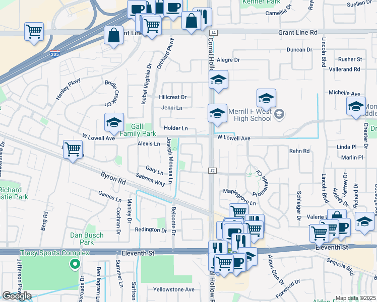 map of restaurants, bars, coffee shops, grocery stores, and more near 2093 Betty Lane in Tracy
