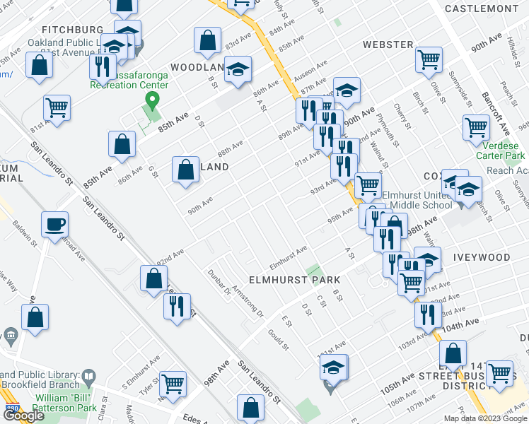 map of restaurants, bars, coffee shops, grocery stores, and more near 9223 C Street in Oakland