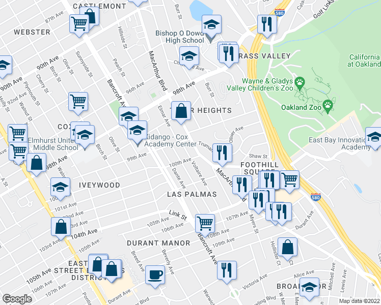 map of restaurants, bars, coffee shops, grocery stores, and more near 9950 Voltaire Avenue in Oakland