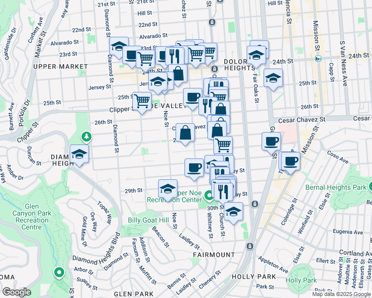 map of restaurants, bars, coffee shops, grocery stores, and more near 418A Duncan Street in San Francisco