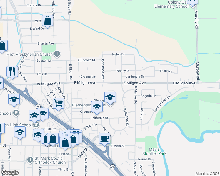 map of restaurants, bars, coffee shops, grocery stores, and more near 455 Franklin Lane in Ripon