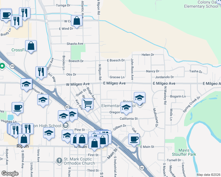 map of restaurants, bars, coffee shops, grocery stores, and more near 232 Milgeo Avenue in Ripon