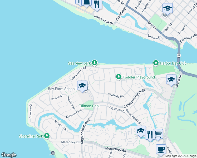 map of restaurants, bars, coffee shops, grocery stores, and more near 217 Sherwood Lane in Alameda