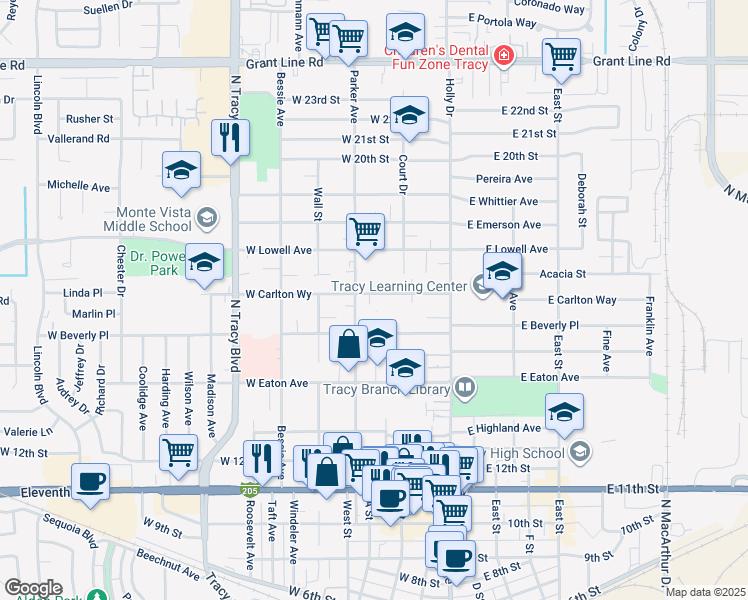 map of restaurants, bars, coffee shops, grocery stores, and more near 232 Carlton Way in Tracy