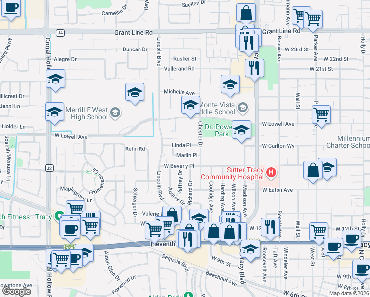 map of restaurants, bars, coffee shops, grocery stores, and more near 1236 Linda Place in Tracy