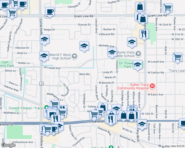 map of restaurants, bars, coffee shops, grocery stores, and more near 1610 Rehn Road in Tracy