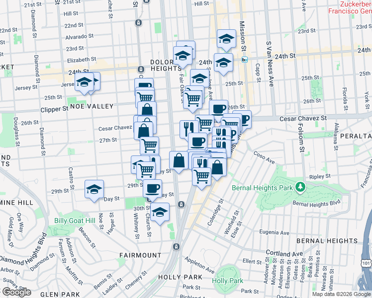 map of restaurants, bars, coffee shops, grocery stores, and more near 151 Duncan Street in San Francisco