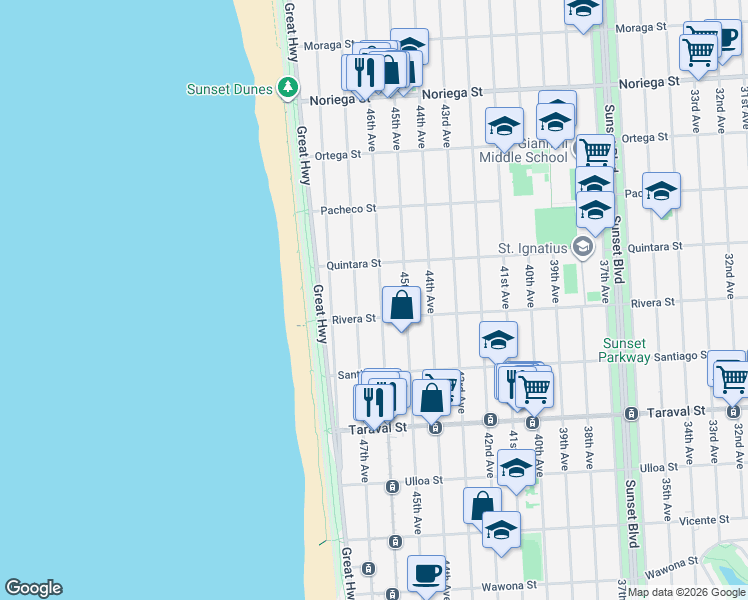 map of restaurants, bars, coffee shops, grocery stores, and more near 2175 46th Avenue in San Francisco