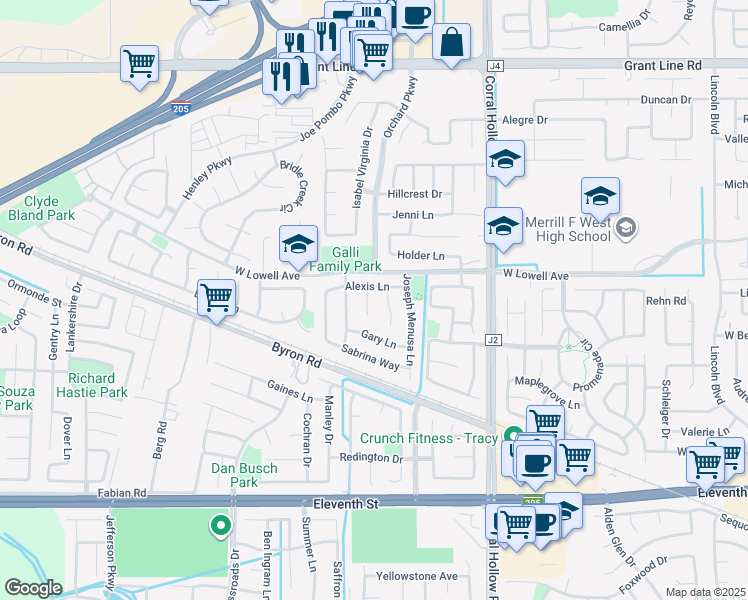 map of restaurants, bars, coffee shops, grocery stores, and more near 1574 Grace Court in Tracy