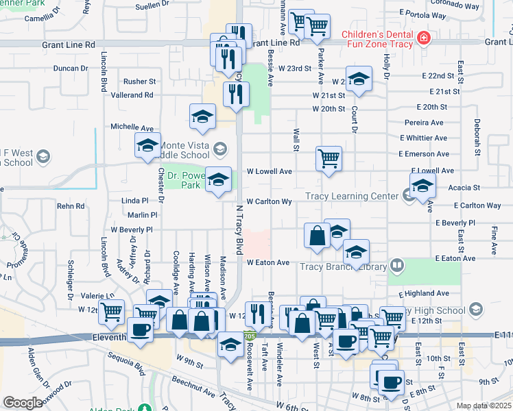 map of restaurants, bars, coffee shops, grocery stores, and more near 540 Carlton Way in Tracy