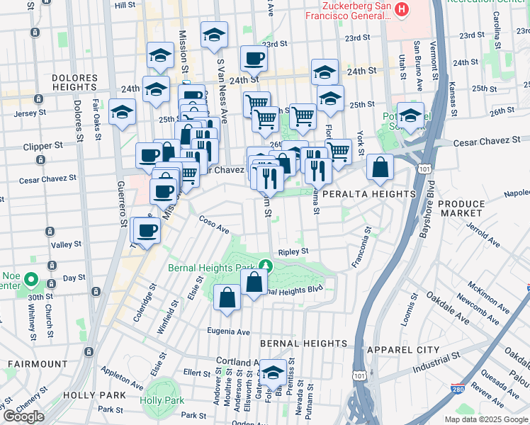 map of restaurants, bars, coffee shops, grocery stores, and more near 3252 Folsom Street in San Francisco