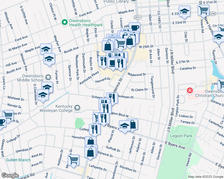 map of restaurants, bars, coffee shops, grocery stores, and more near 2930 Frederica Street in Owensboro