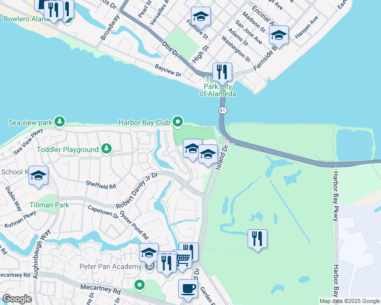 map of restaurants, bars, coffee shops, grocery stores, and more near 266 Centre Court in Alameda