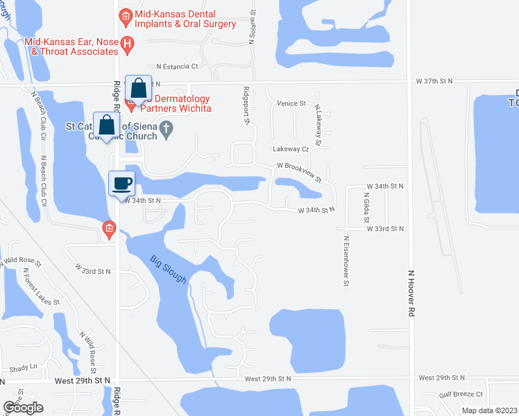 map of restaurants, bars, coffee shops, grocery stores, and more near 6405 West 34th Street North in Wichita