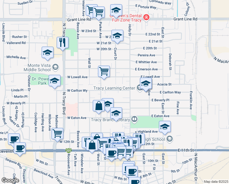 map of restaurants, bars, coffee shops, grocery stores, and more near 160 Carlton Way in Tracy