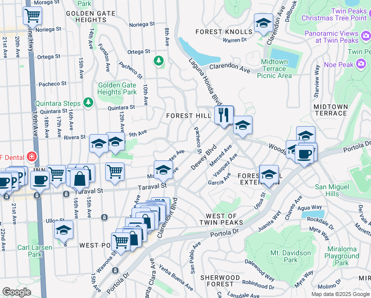 map of restaurants, bars, coffee shops, grocery stores, and more near 34 Dorantes Avenue in San Francisco