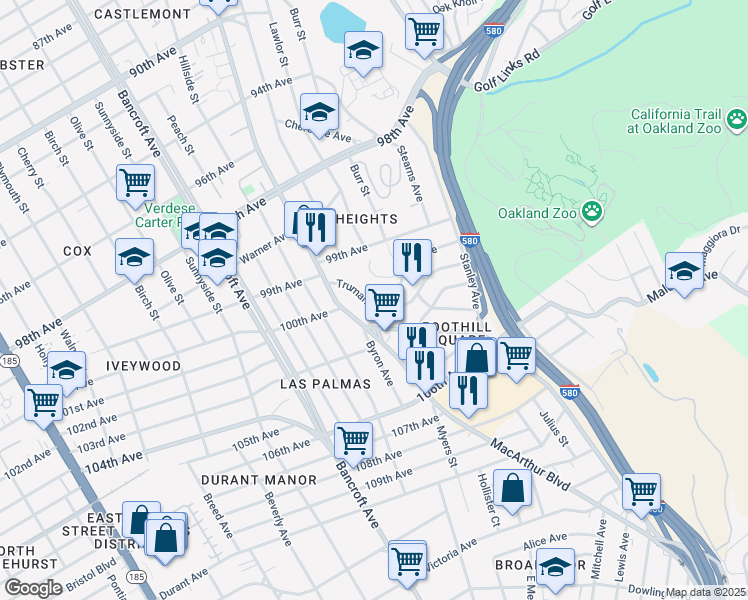 map of restaurants, bars, coffee shops, grocery stores, and more near 2545 Truman Avenue in Oakland