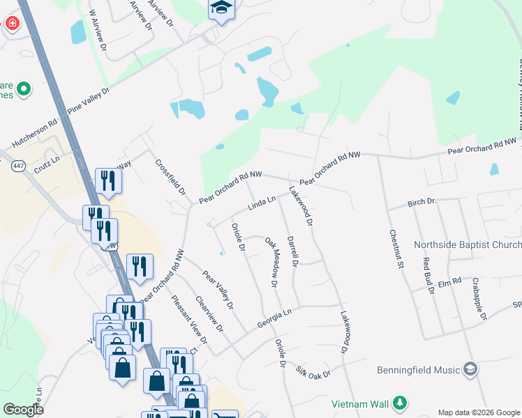 map of restaurants, bars, coffee shops, grocery stores, and more near 311-399 Linda Ln in Elizabethtown