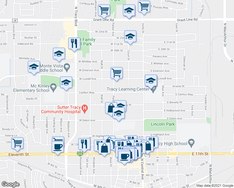 map of restaurants, bars, coffee shops, grocery stores, and more near 232 Carlton Way in Tracy