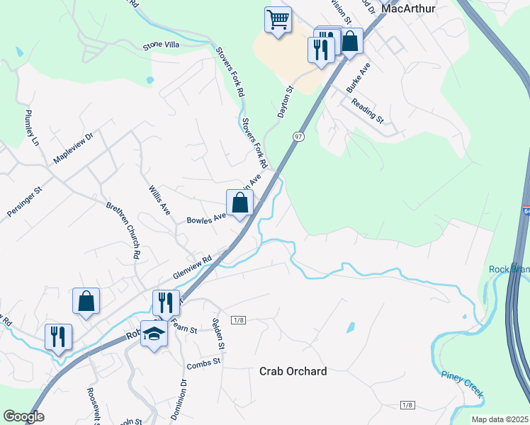 map of restaurants, bars, coffee shops, grocery stores, and more near 1652 Robert C Byrd Drive in Beckley