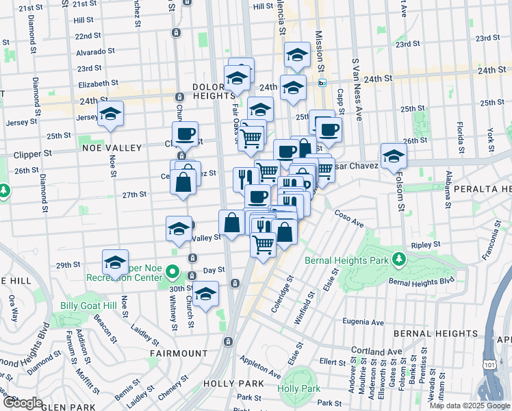 map of restaurants, bars, coffee shops, grocery stores, and more near 1558 Guerrero Street in San Francisco