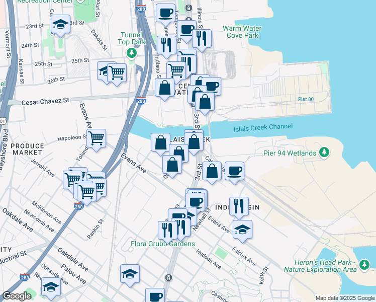 map of restaurants, bars, coffee shops, grocery stores, and more near 131 Quint Street in San Francisco