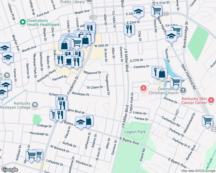map of restaurants, bars, coffee shops, grocery stores, and more near 2900 Tanglewood Drive in Owensboro