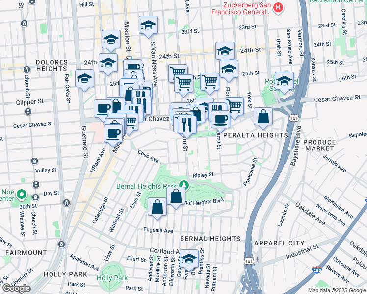 map of restaurants, bars, coffee shops, grocery stores, and more near 3248 Folsom Street in San Francisco