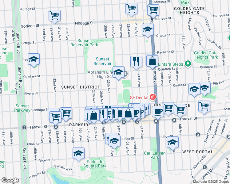 map of restaurants, bars, coffee shops, grocery stores, and more near 2223 24th Avenue in San Francisco
