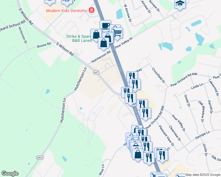 map of restaurants, bars, coffee shops, grocery stores, and more near 7128 South Wilson Road in Elizabethtown