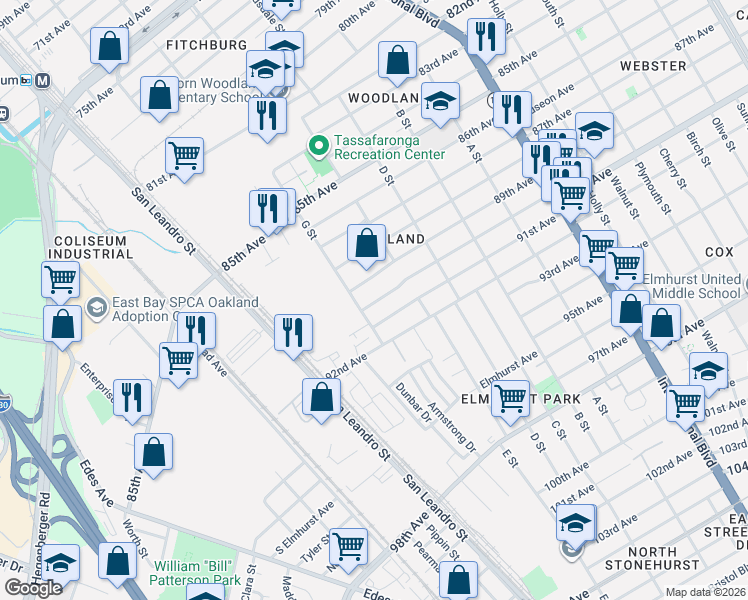 map of restaurants, bars, coffee shops, grocery stores, and more near 9016 G Street in Oakland