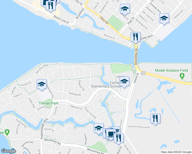 map of restaurants, bars, coffee shops, grocery stores, and more near 107 Parfait Lane in Alameda