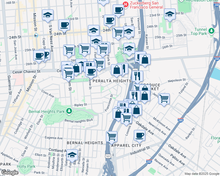 map of restaurants, bars, coffee shops, grocery stores, and more near 165 Montcalm Street in San Francisco