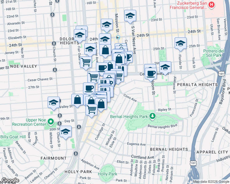 map of restaurants, bars, coffee shops, grocery stores, and more near 3181 Mission Street in San Francisco