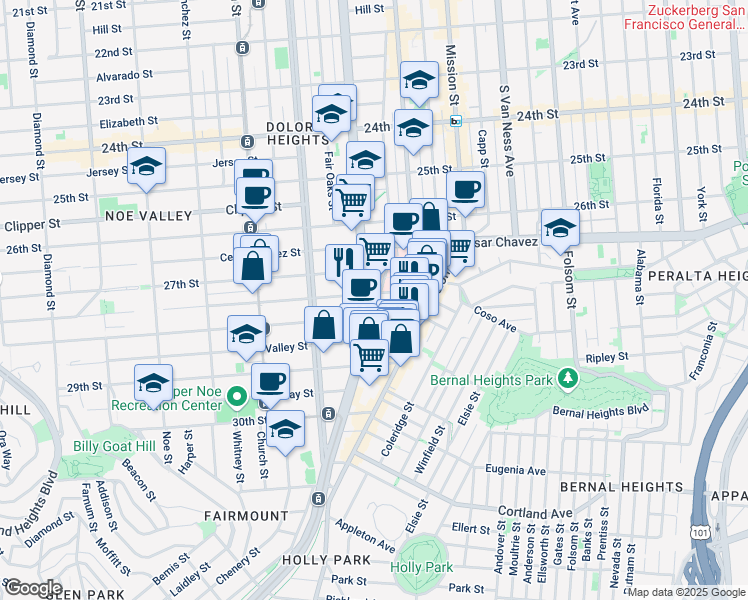 map of restaurants, bars, coffee shops, grocery stores, and more near 1572A Guerrero Street in San Francisco