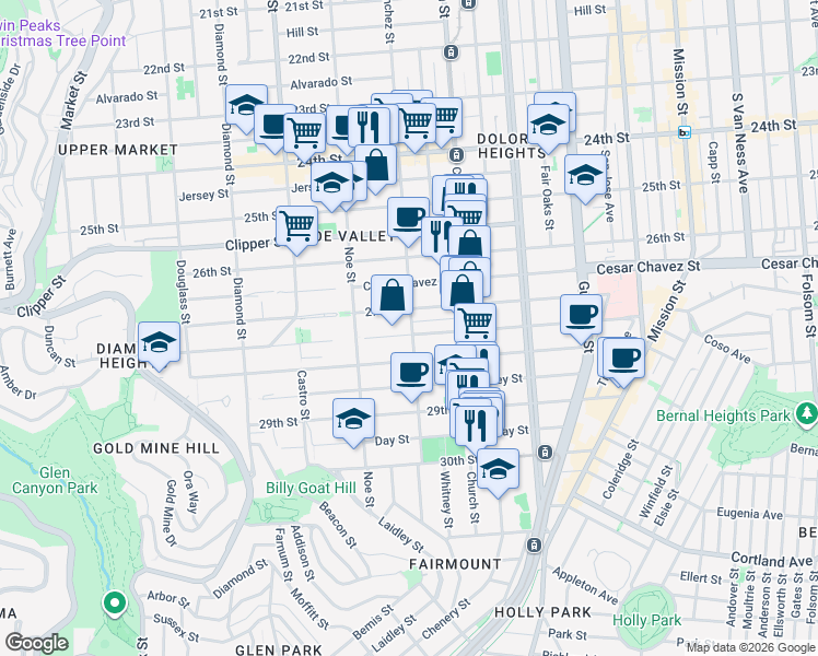 map of restaurants, bars, coffee shops, grocery stores, and more near 418A Duncan Street in San Francisco