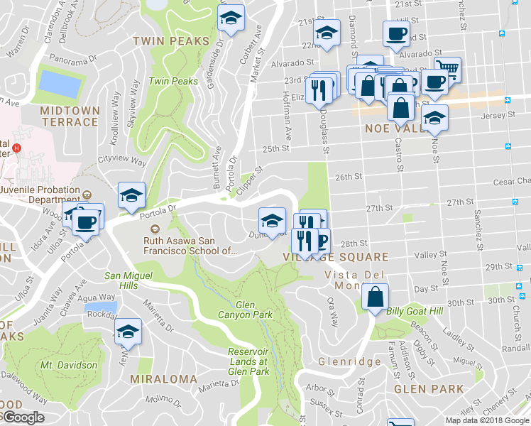 map of restaurants, bars, coffee shops, grocery stores, and more near 135 Red Rock Way in San Francisco