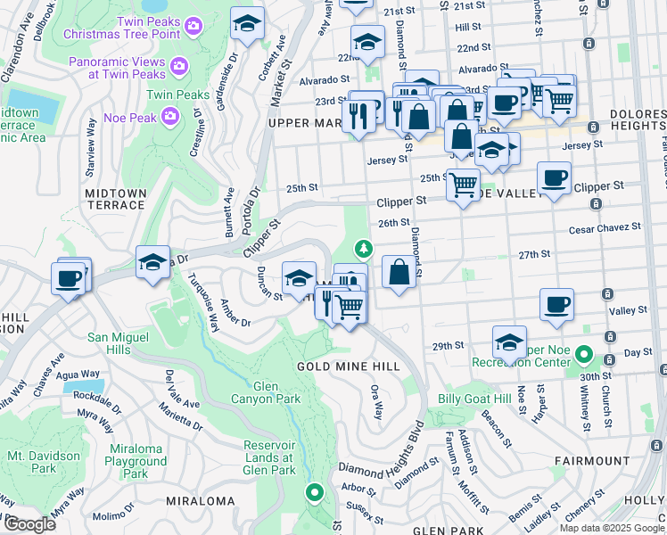 map of restaurants, bars, coffee shops, grocery stores, and more near 5177 Diamond Heights Boulevard in San Francisco