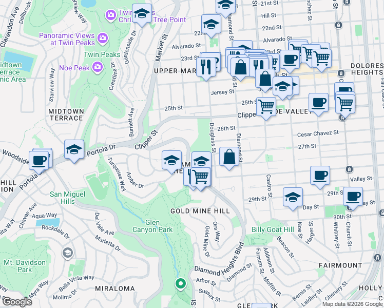 map of restaurants, bars, coffee shops, grocery stores, and more near 5177 Diamond Heights Boulevard in San Francisco