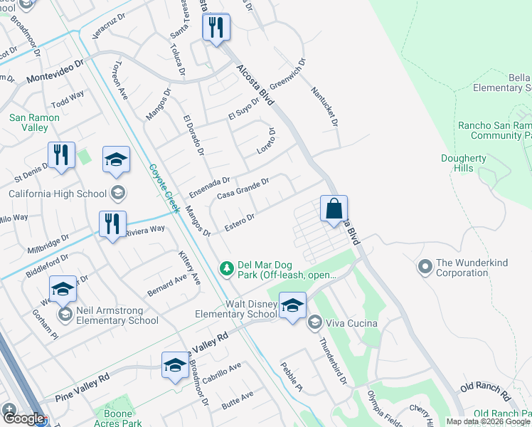 map of restaurants, bars, coffee shops, grocery stores, and more near 3288 Estero Drive in San Ramon